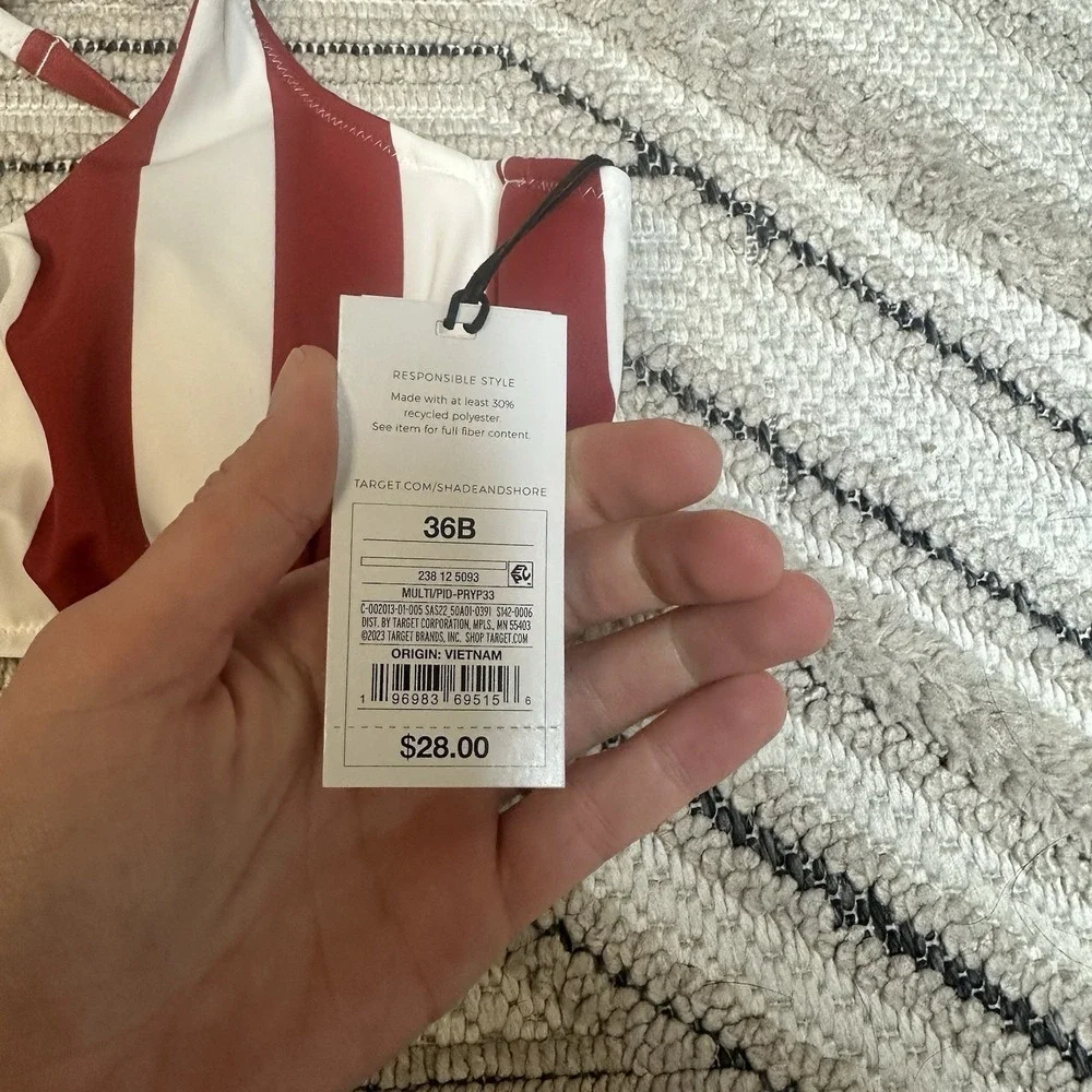 Shade & Shore Bikini Top Women's 36B Maroon Red White Stripe Underwired Bralette